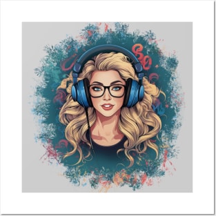 Illustration - Stylish Blonde Lady Immersed in Music, Enjoying the Beats with Headphones in a Chic Design Setting. Posters and Art